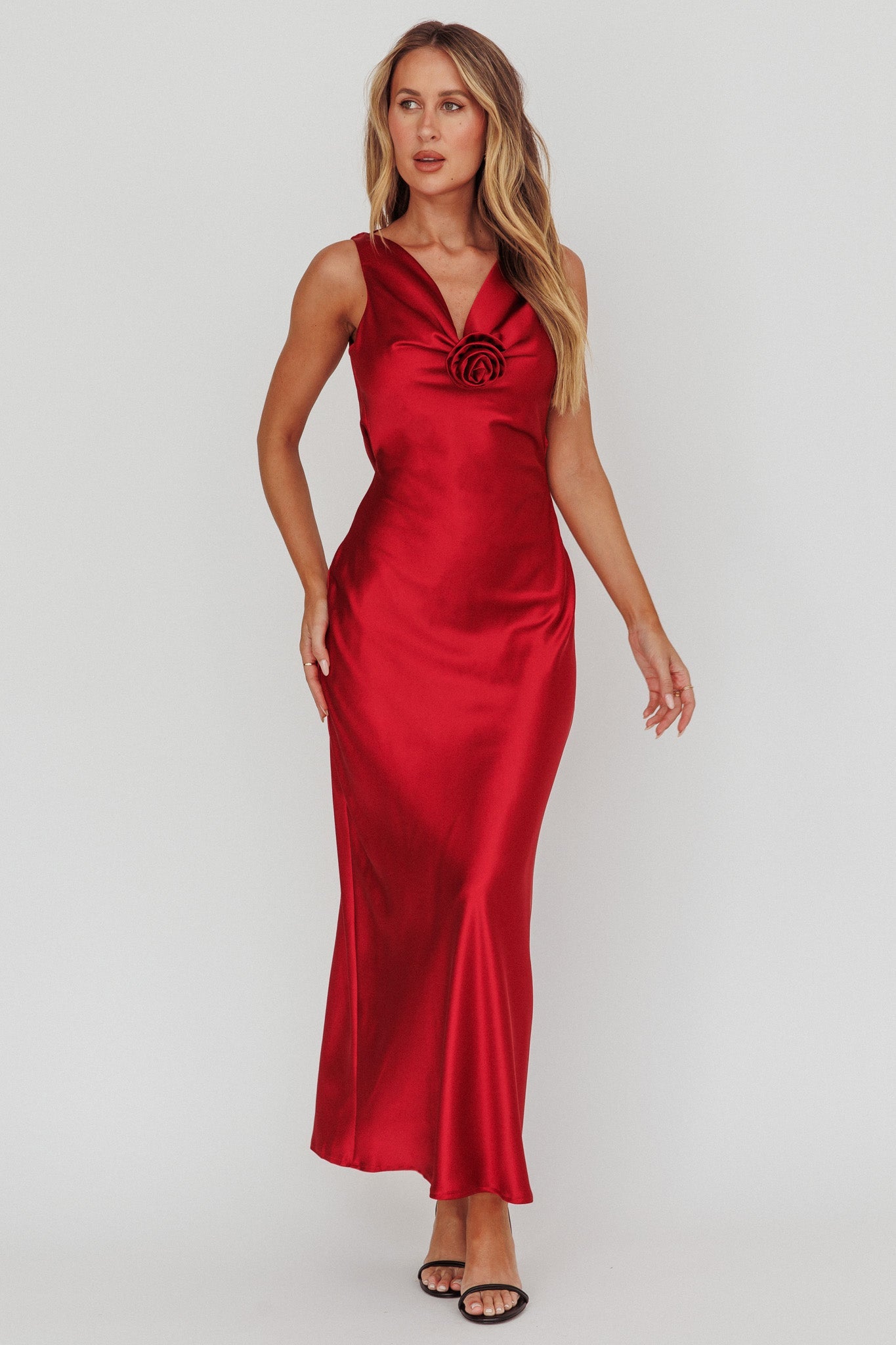 Isabella Satin Backless Maxi Dress Wine by Selfie Leslie