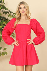 MAGENTA SQUARE NECKLINE PUFF SLEEVE MINI DRESS 1-2-2-1 (NOW $6.75 ONLY!)