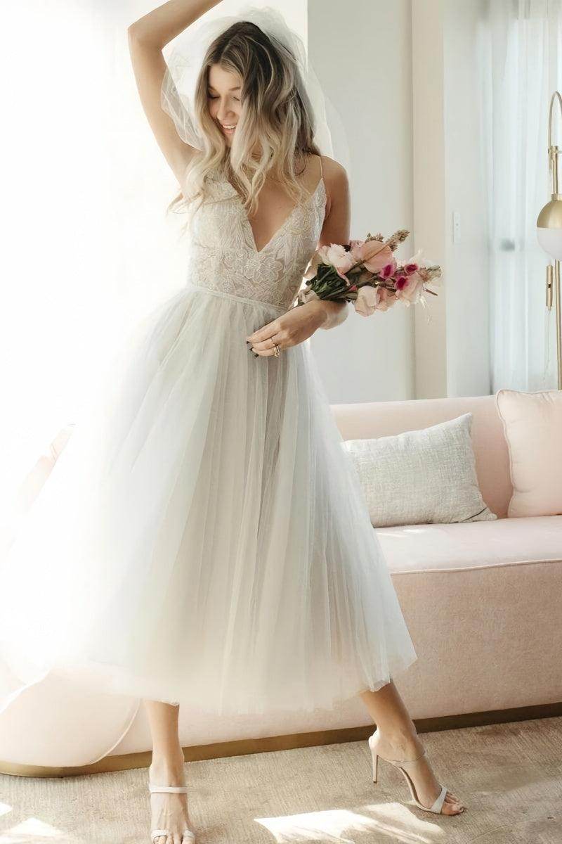 Boho Lace Tea-Length Backless Dress for Reception CW3396CR - COCOMELODY