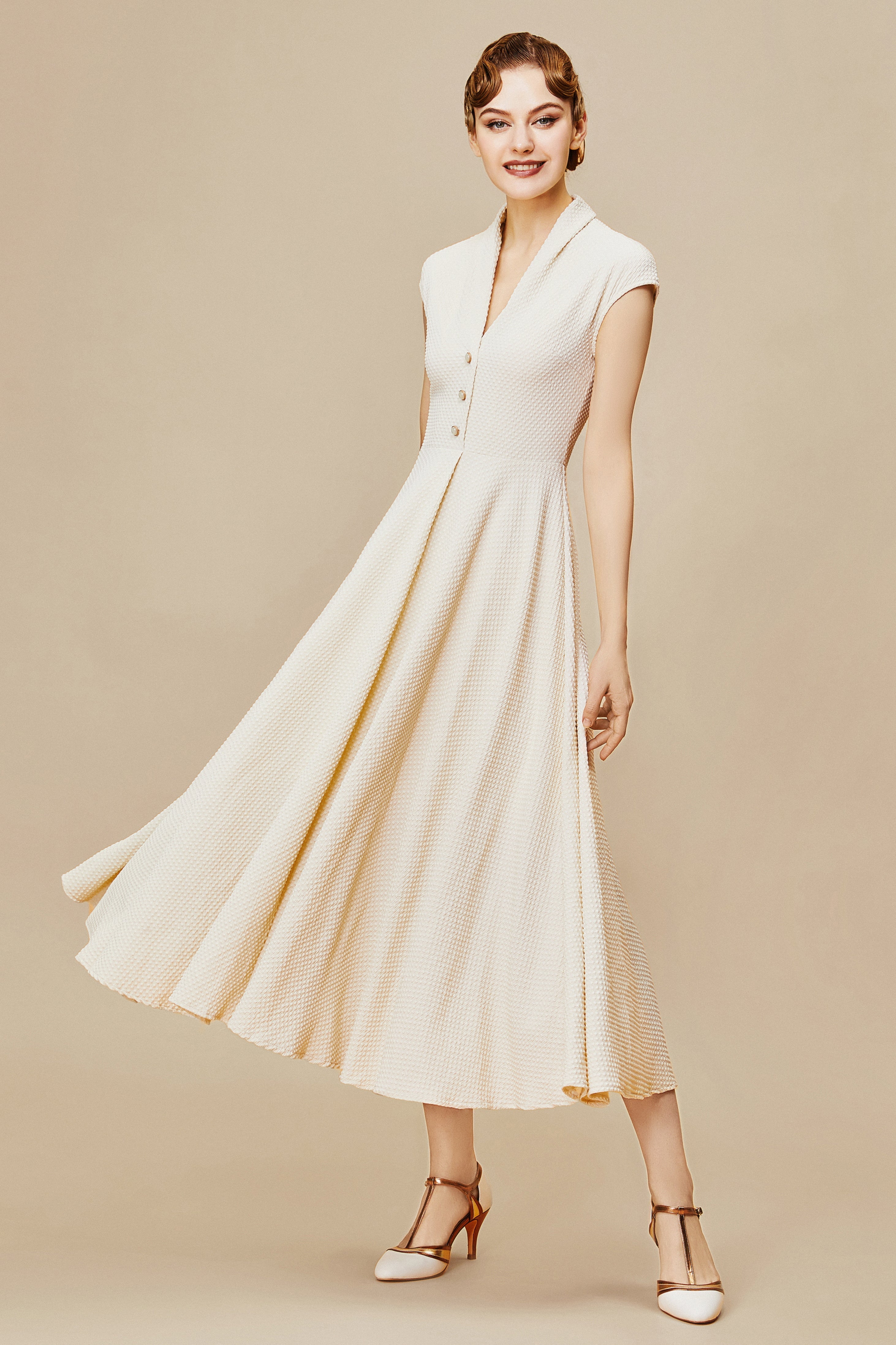 Cap Sleeve Shirtwaist V Neck Dress