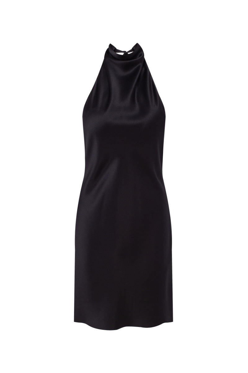 Serenity CEA black silk-satin backless halter-neck mini dress displayed on a hanger, showcasing its elegant design and smooth fabric.