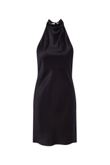 Serenity CEA black silk-satin backless halter-neck mini dress displayed on a hanger, showcasing its elegant design and smooth fabric.