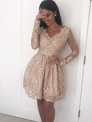 Champagne Long Sleeves Lace Short Prom Dresses, Long Sleeves Formal Dresses, Homecoming Dresses