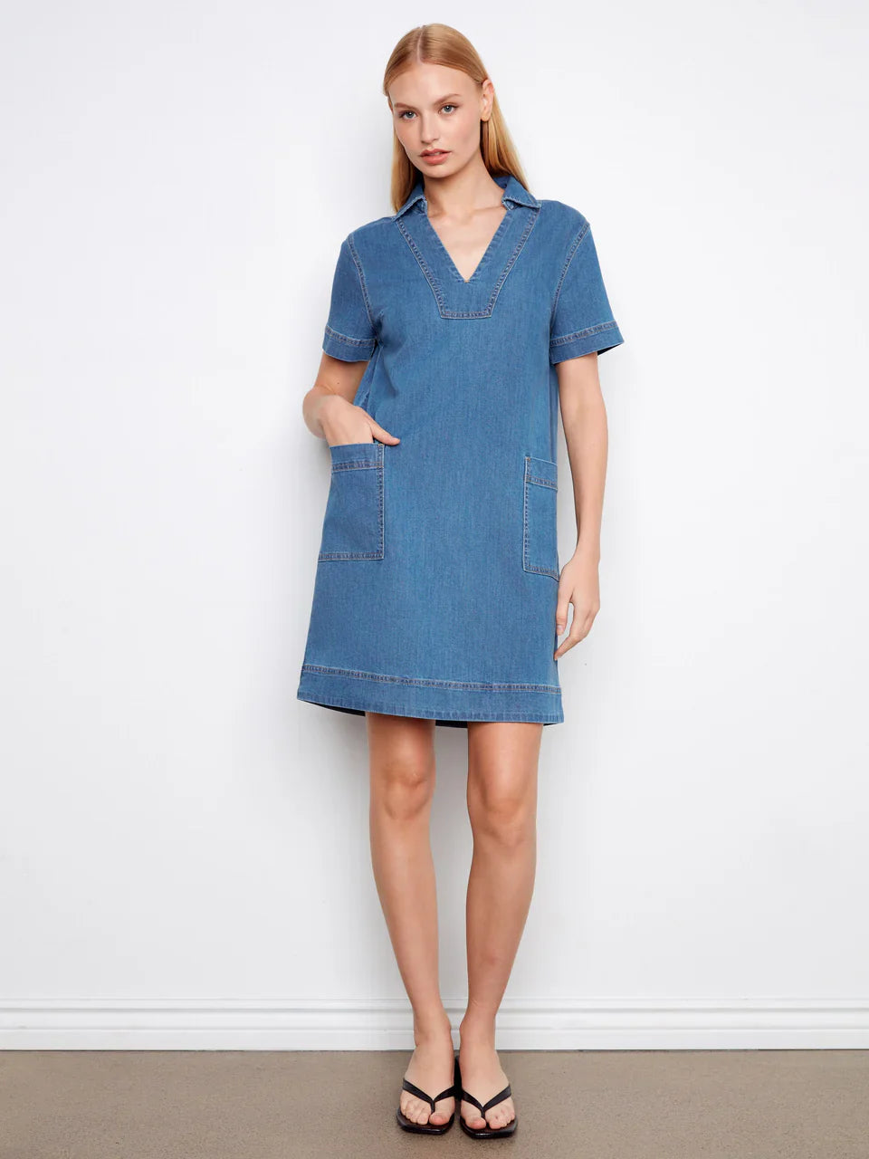 Charlie B Collared V-Neck Denim Dress - Medium Blue 1
