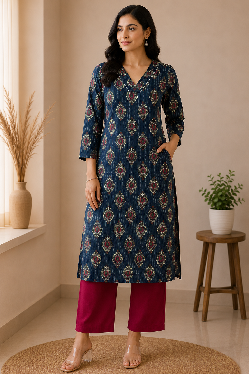 NAVY BLUE CHARM COTTON KURTI (only kurti)