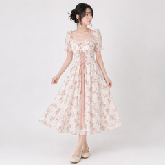 White Pink Cottage Lace Milkmaid Dress