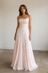 Pink A-Line Lace Floral Spaghetti Straps Long Prom Dresses – Prom Dresses by KissProm | Available at KissProm