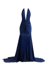 Deme by Gabriella navy blue Chloe maxi dress displayed on a hanger, featuring a flowing silhouette and elegant design.
