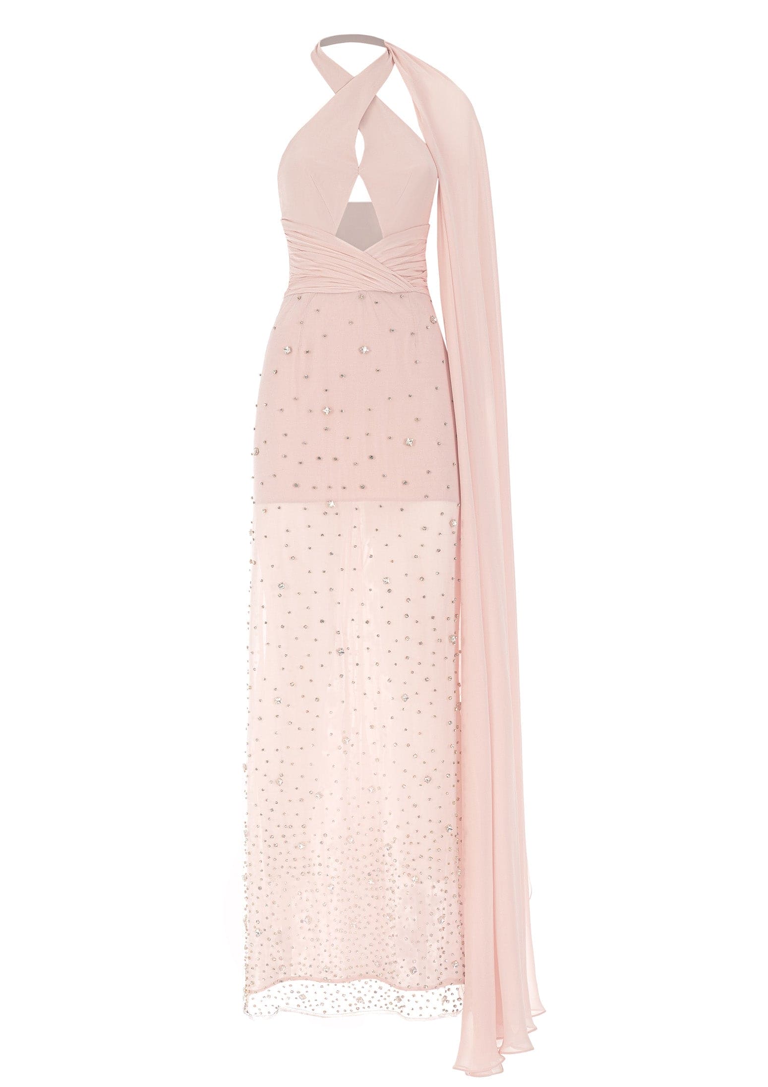 Crystal Embellished Asymmetric Silk Maxi Dress