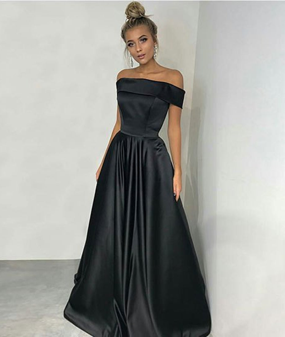 Custom Made Off Shoulder Black Satin Long Prom Dresses, Black Long Evening Dresses Formal Dresses, Black Graduation Dresses