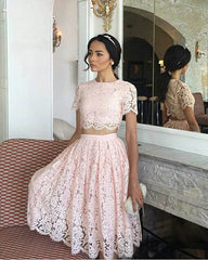 Cute Pink Lace Two Piece Prom Dress Short-alinanova