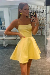 Cute Yellow Satin A-line Scoop Homecoming Dresses, Short Party Dress, MH606 | simple homecoming dress | short prom dress | graduation dresses | musebridals.com