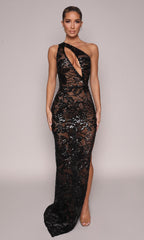 Goddess Cutout Sheer Sequin Gown- Black