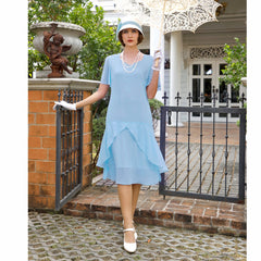 Light blue 1920s Great Gatsby day dress with sweetheart neckline - a vintage-inspired Roaring Twenties dress
