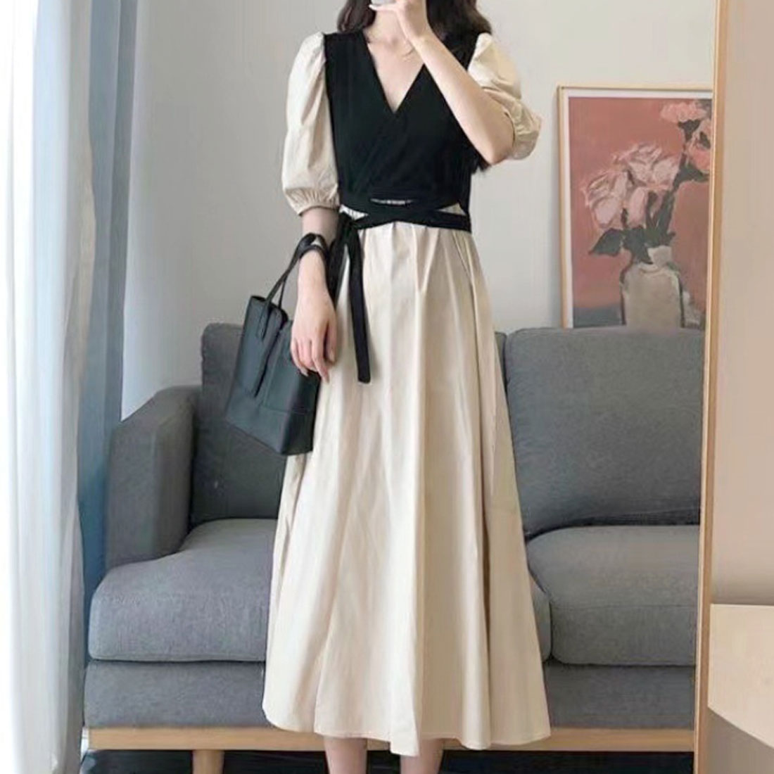 Dewlily Long Ribbon Cache-Coeur Dress Korean Fashion for Teens, 20s, 30s V-neck High Waist Elongates Legs Style Up Cute Covers Upper Arms