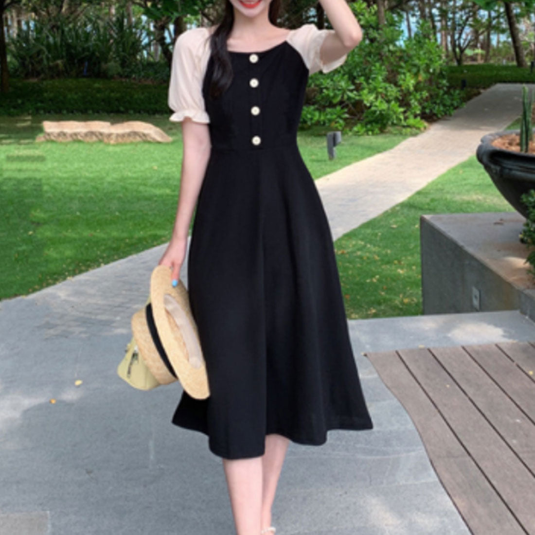 Dewlily Puff Sleeve Dress Korean Fashion Teens 20s 30s Cute Date A-line Office Style Off Shoulder Plain Simple