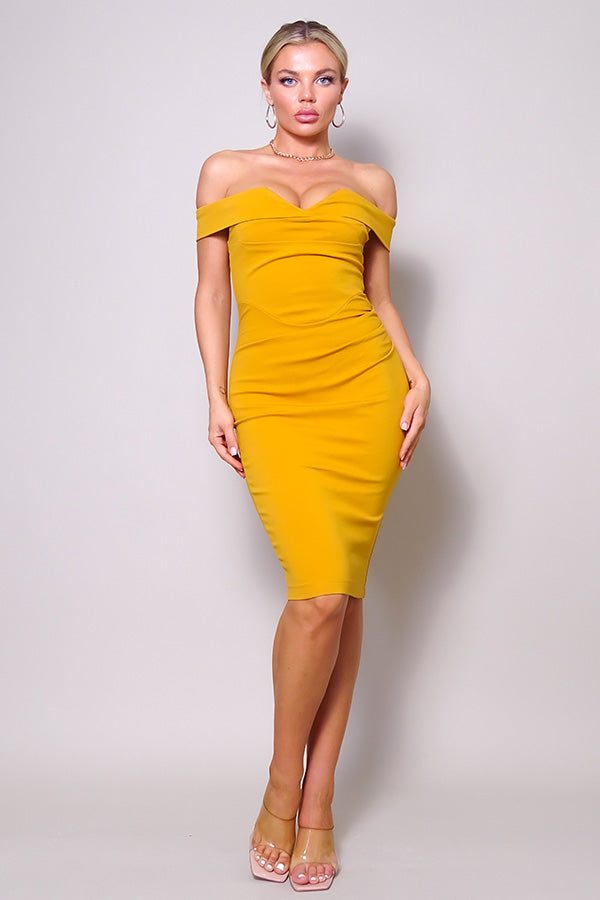 Mustard off-the-shoulder bodycon dress with sweetheart neckline - front view