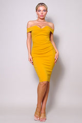 Mustard off-the-shoulder bodycon dress with sweetheart neckline - front view