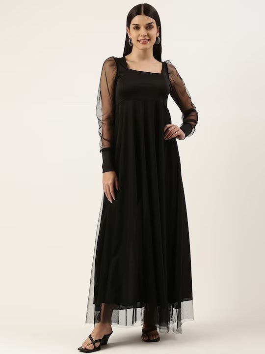 Women Net Puff Sleeves Square Neck Maxi Dress