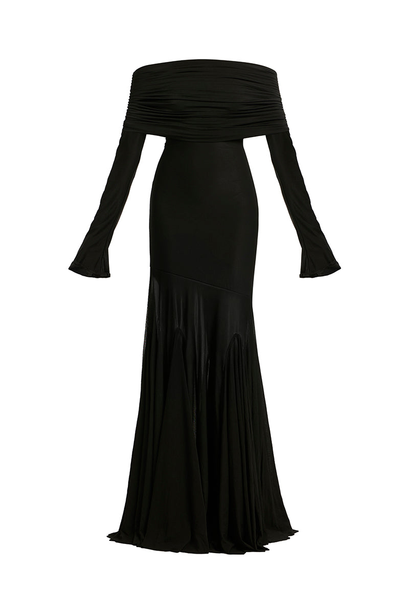 Deme By Gabriella Hailey off-shoulder maxi dress in flowing fabric, featuring a relaxed fit and elegant neckline.