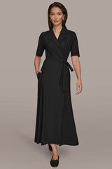 THE MODERN TRAVEL ELBOW-SLEEVE MIDI WRAP DRESS