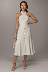SLEEVELESS CROSS-FRONT MIDI HALTER DRESS