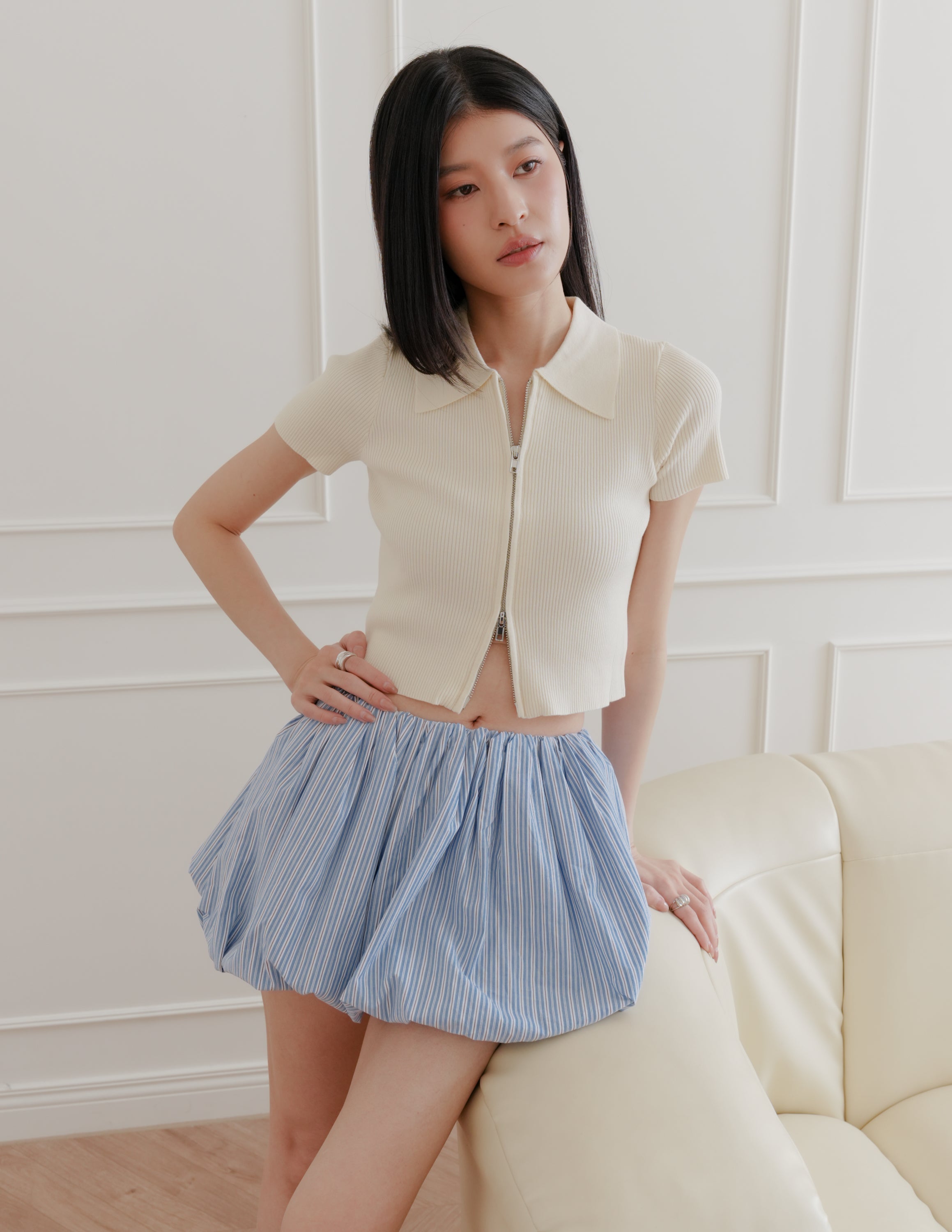 Esme Zip Through Knit Top in Cream