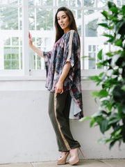 Overlap Printed Silk Collar Top & Crape Piped Pants for Summer - Free Size Cape - Plus Size Summer Cape & Pants