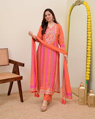 Orange Pink Handwork Muslin Festive Suit