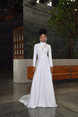 Modest High Neck Long Sleeve Minimalist Wedding Dress with Long Train
