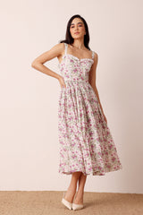 Cotton White Pink Purple Floral Midi Strappy Dress Corset Style Bodice