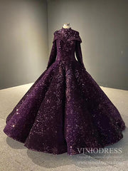 Deep Purple High Neck Muslim Wedding Dresses with Long Sleeves FD2406 viniodress-prom dresses 2025 -Viniodress-Purple-Custom Size-