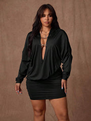 Turn heads this season in our Deep V Hooded Plus Size Bodycon Mini Dress—the perfect blend of sass and sophistication. Crafted from smooth polyester, this figure-hugging stunner features a daring deep V neckline and cozy attached hood for an edgy-chic vibe. Available in rich solid colors, it's your go-to piece for autumn and winter parties, date nights, or whenever you're ready to feel fabulous. The mini length shows off your legs while the bodycon silhouette celebrates your curves. Dress it up with heels a