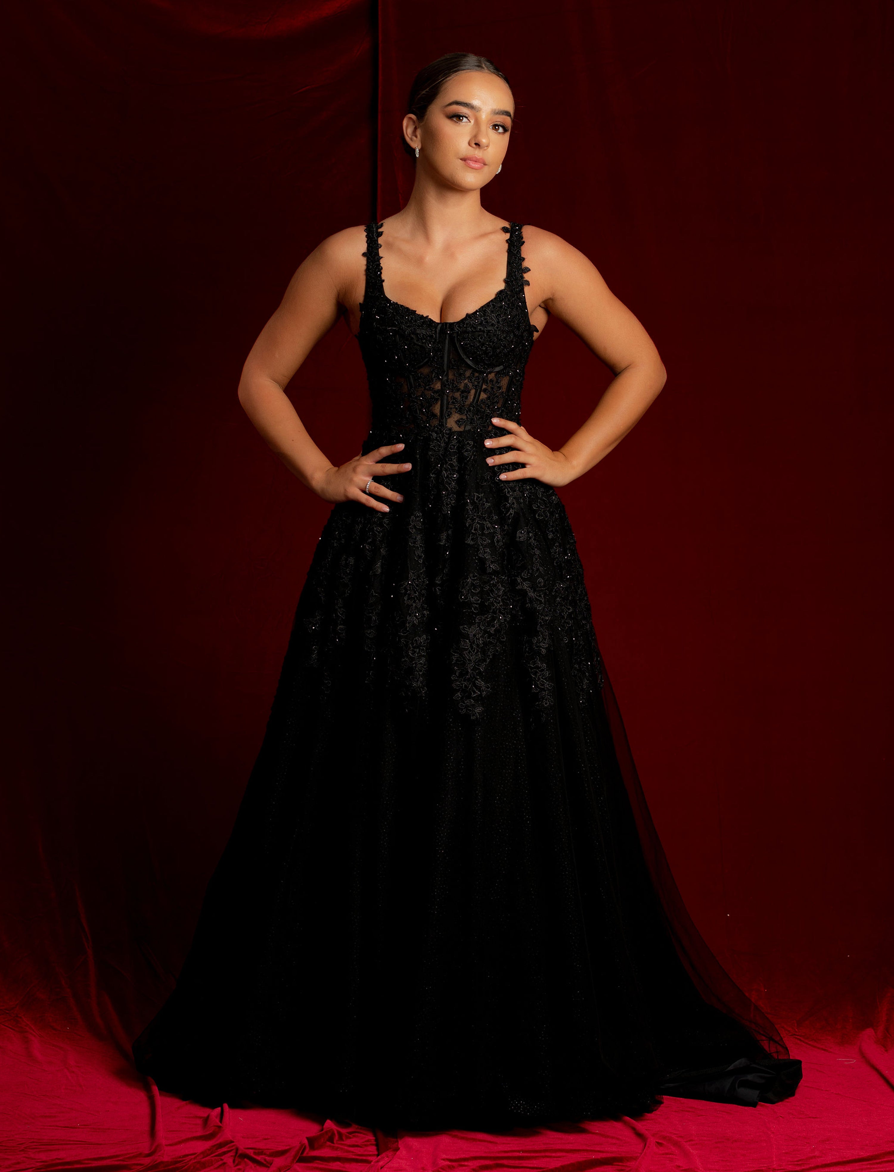 Sparkling black princess dress with square bustier top with straps for hire