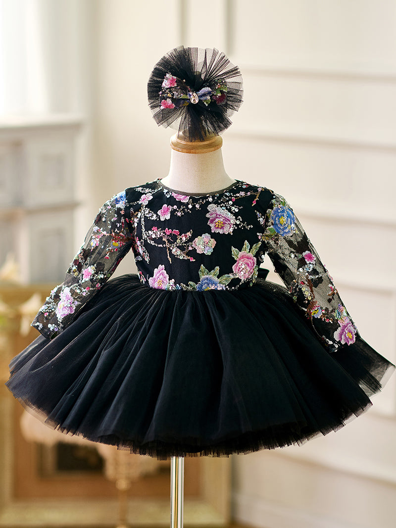 Black Baby Long Sleeve Adorable Knee Length Girl Dress J057