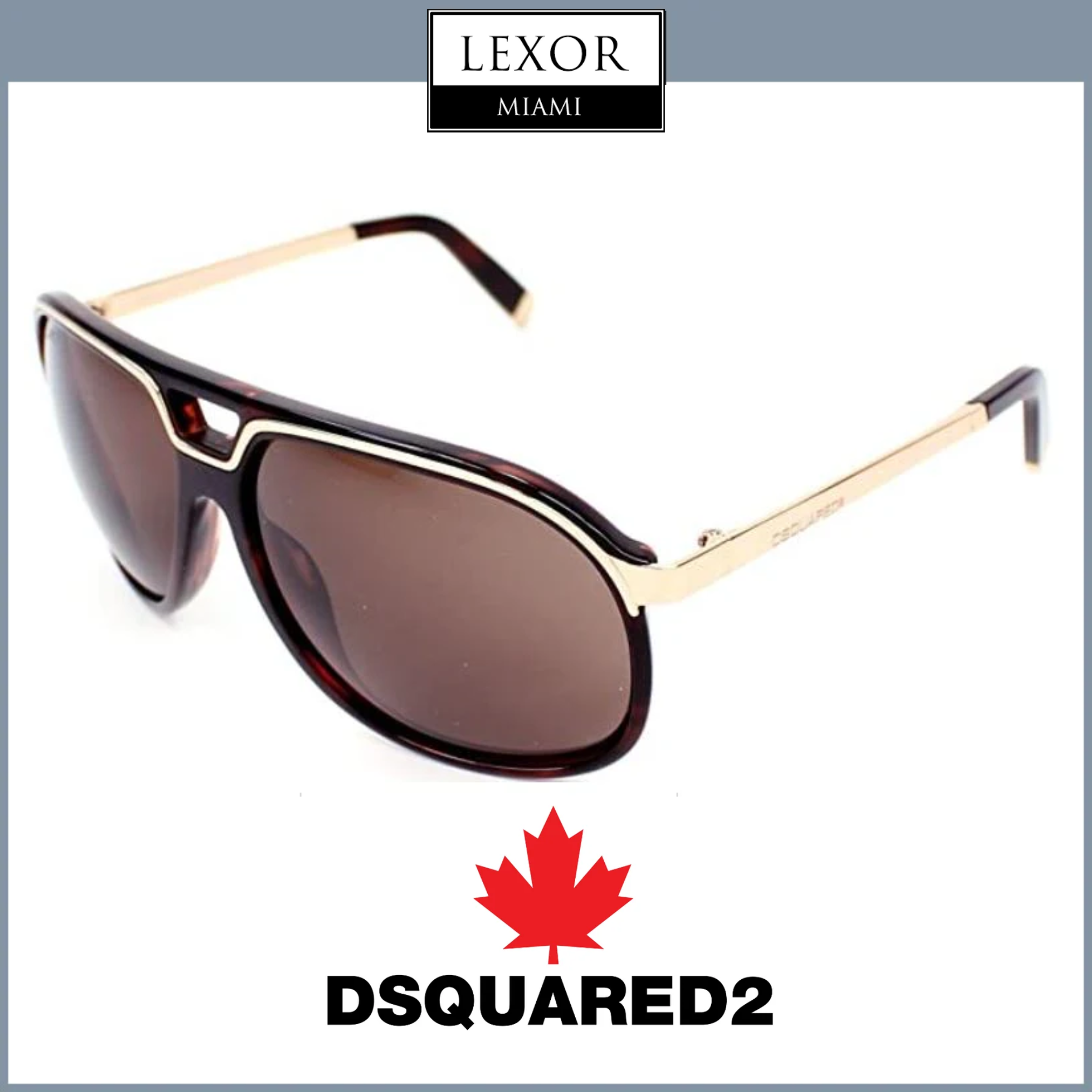 The Dsquared DQ0061 56E 60 men sunglasses have brown lenses and gold arms, shown at an angle. LEXOR Miami appears at the top; DSQUARED2 with a red maple leaf is below. UV protection by Dsquared Sunglasses from a Miami authorized dealer.