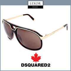 The Dsquared DQ0061 56E 60 men sunglasses have brown lenses and gold arms, shown at an angle. LEXOR Miami appears at the top; DSQUARED2 with a red maple leaf is below. UV protection by Dsquared Sunglasses from a Miami authorized dealer.