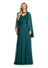 ASHLEYlauren E12092 | Dark-Green elegant chiffon evening gown featuring soft V-neckline, cape overlay, and beaded detailing.