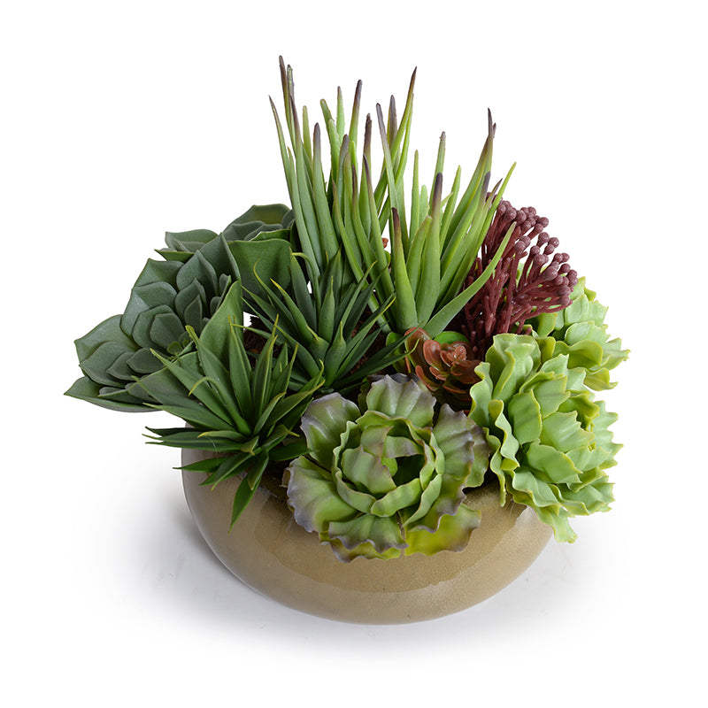 Mixed Artificial Succulents in Green Glazed Terracotta Pot Outdoor 12 Inches Tall – Enduraleaf by New Growth Designs