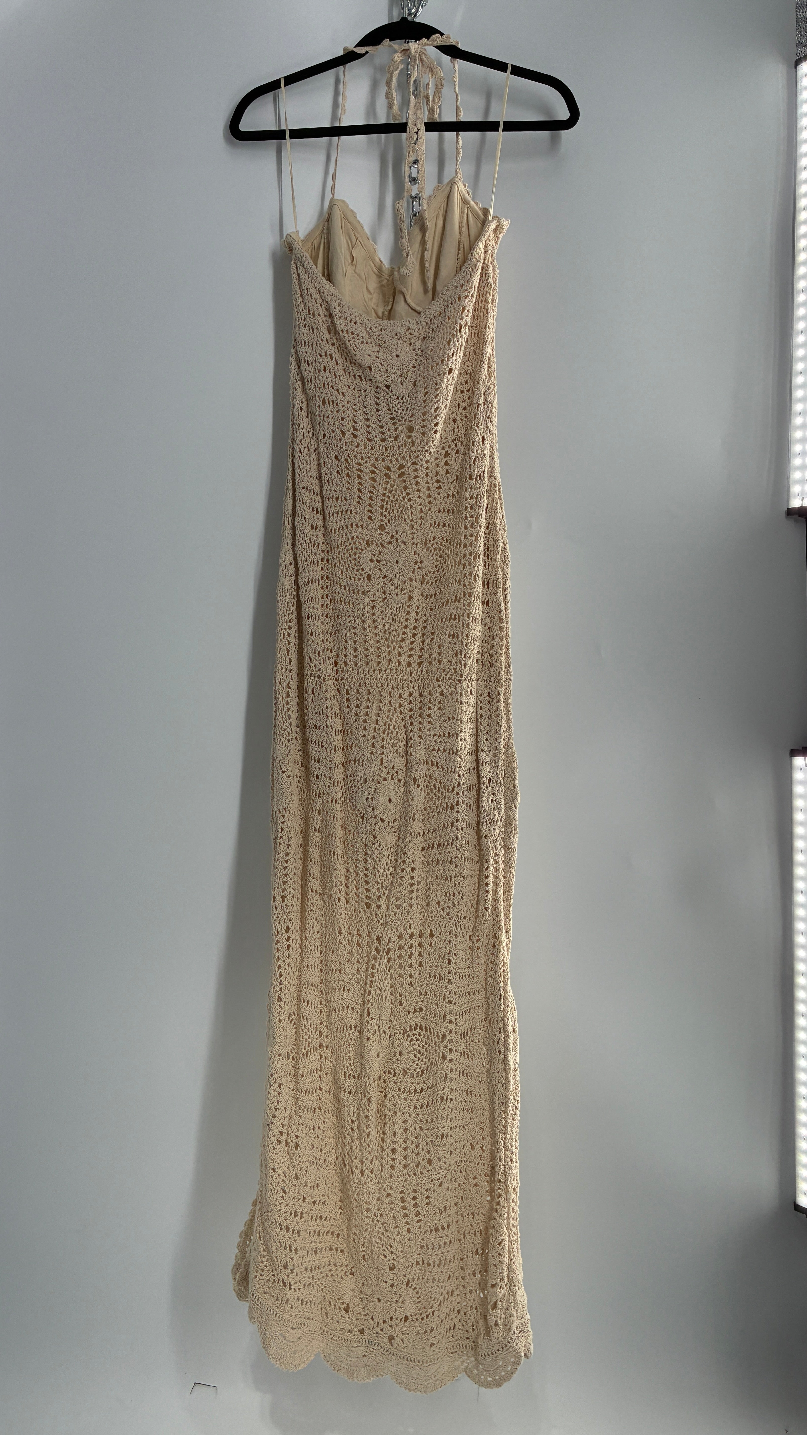 Free People Beige Crochet Knit Máxi Dress (Large)
