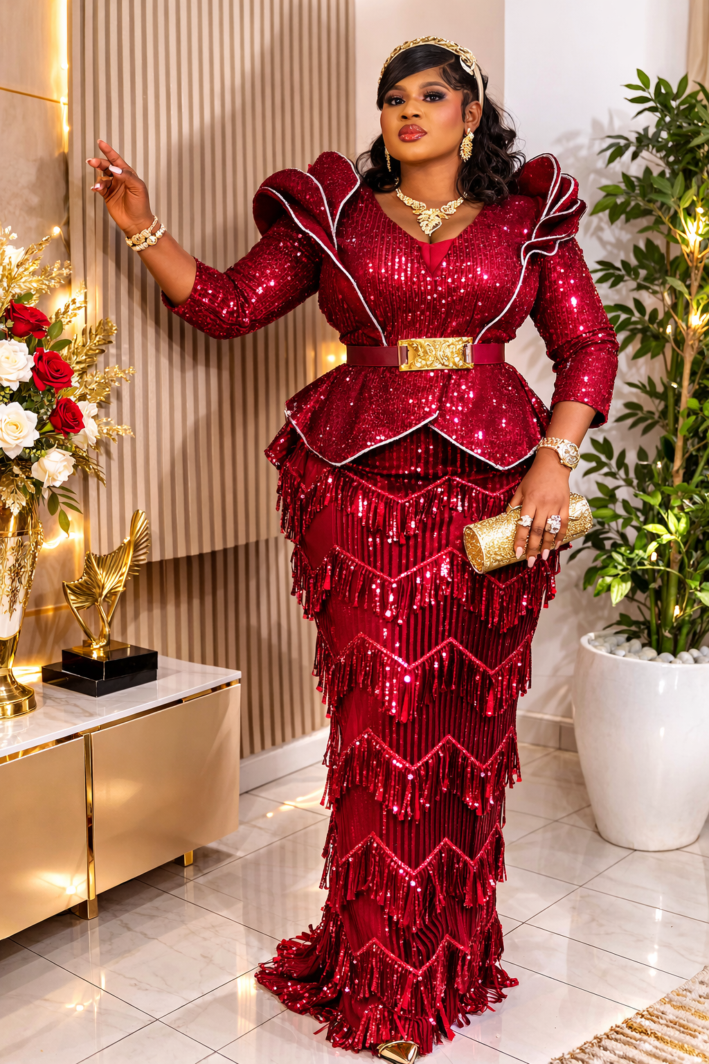 Luxury Red Sequin Fringe Evening Gown for Women | Elegant Statement Occasion Dress