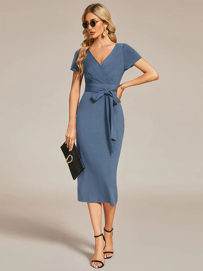 Short-Sleeves V-Neck Tie-Waist Sheath Wedding Guest Dress