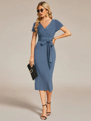 Short-Sleeves V-Neck Tie-Waist Sheath Wedding Guest Dress