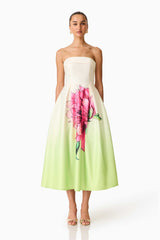 Brunette model wearing the Elisa Strapless Gown in Green & Pink Floral front shot