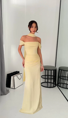 Chic Yellow Long Prom Dress Off-shoulder Sheath Evening Dress Satin Sleeveless Formal Dress ED06573