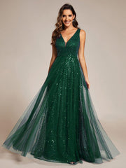 V-Neck Sleeveless High-Waist See-Through Sequin Tulle Evening Dress #color_Dark Green