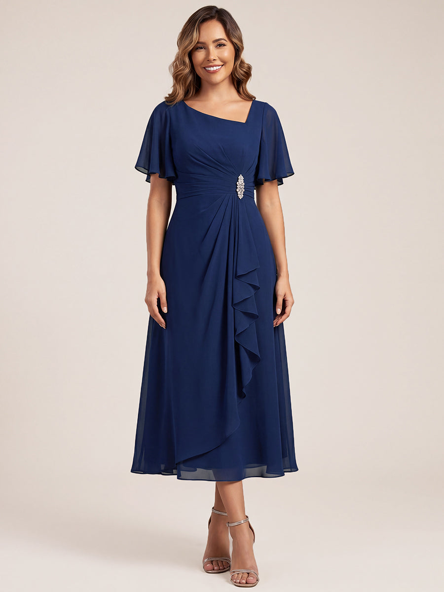 Ruffle Sleeve Chiffon Midi Mother of the Bride Dress #color_Navy Blue