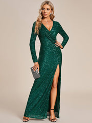Sparkling Sequin V-Neck Long Sleeves Thigh-High Slit Evening Dress #color_Dark Green