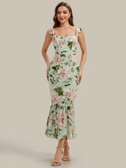 Mermaid Chiffon Sleeveless Wedding Guest Dress #color_Light Green Floral