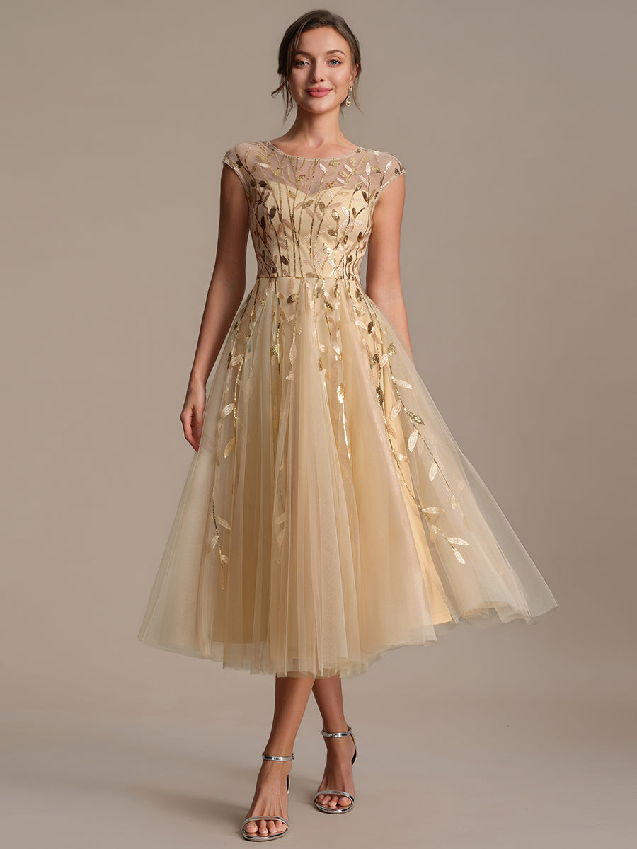 See-through Sequin Cap Sleeve Wedding Guest Dress #color_Gold